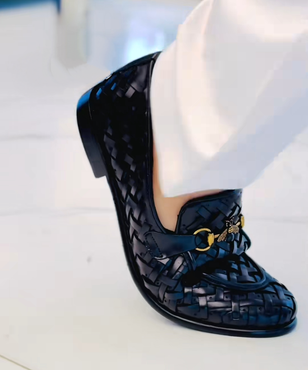 Handmade black woven leather loafers