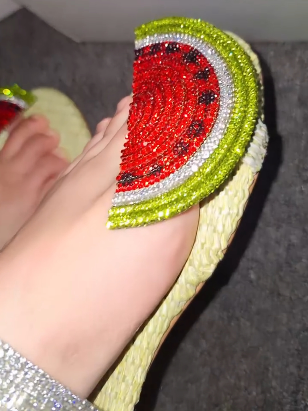 Melon Crystal Embellished Woven Slippers