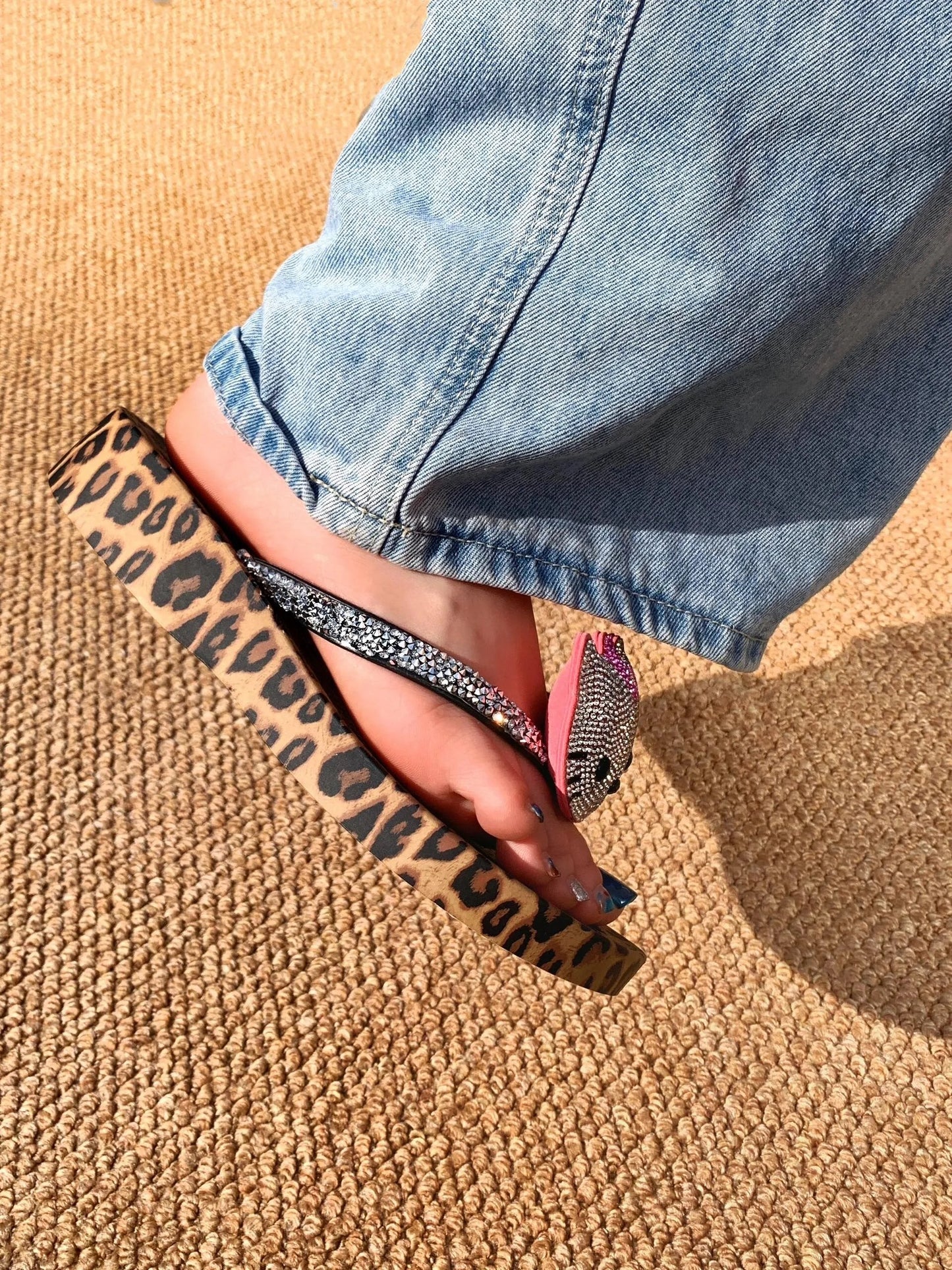 Leopard Print Flip-Flops - Summer Rhinestone-Studded Beach Sandals