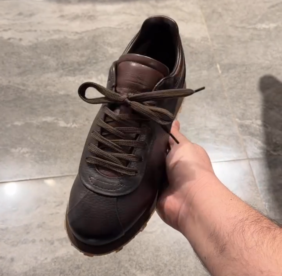 Chocolate-colored genuine leather sneakers