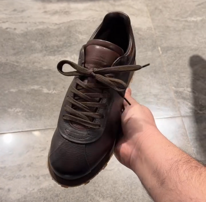Chocolate-colored genuine leather sneakers