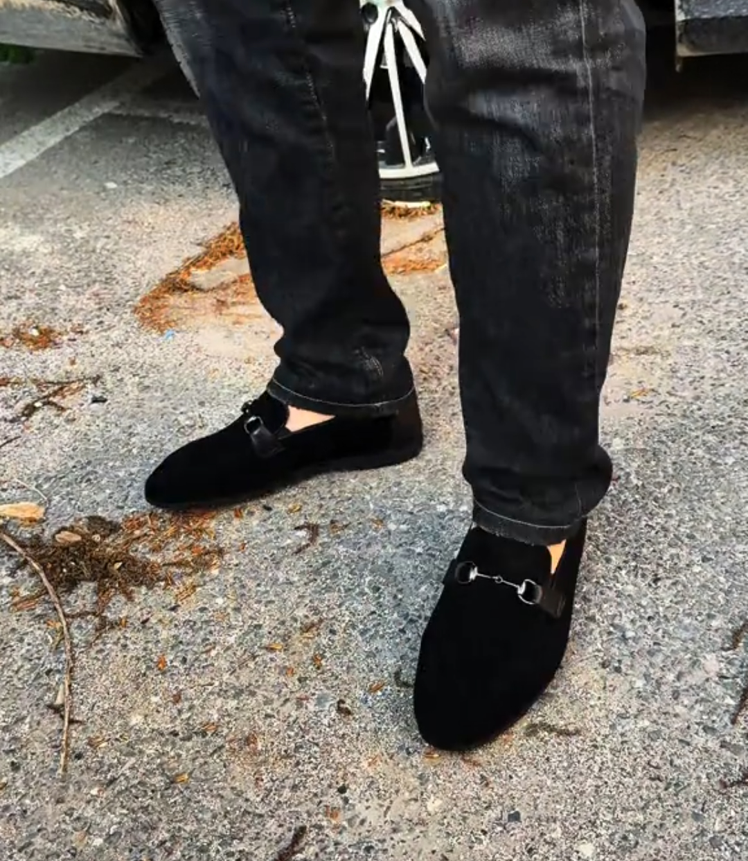 Black suede horsebit loafers