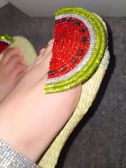 Melon Crystal Embellished Woven Slippers