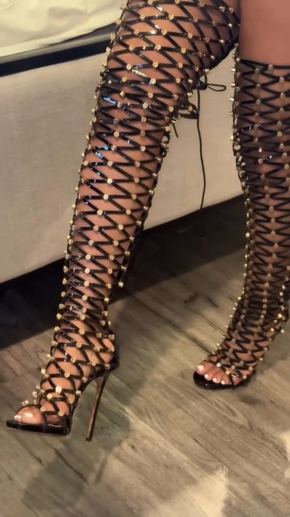 Openwork high-heeled over-the-knee Roman sandals