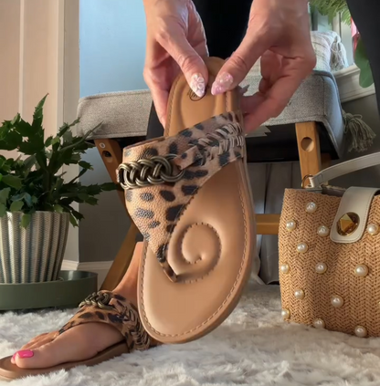 Tan Leopard Faux Leather Aladdin Sandal