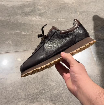 Chocolate-colored genuine leather sneakers