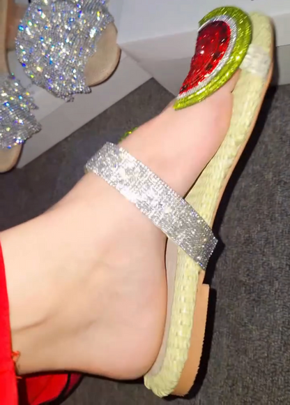 Melon Crystal Embellished Woven Slippers