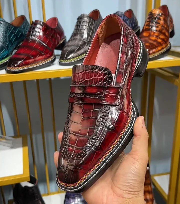 Luxury Men’s Crocodile Embossed  Leather Penny Loafers