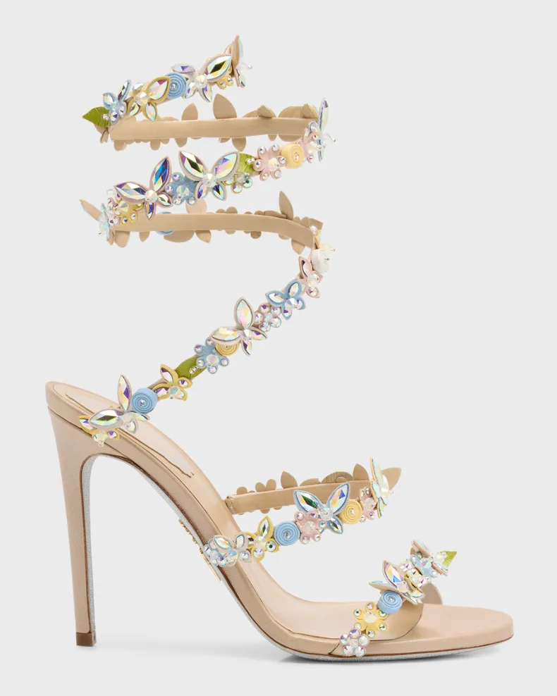 Rhinestone Floral-Embellished Stiletto Sandals