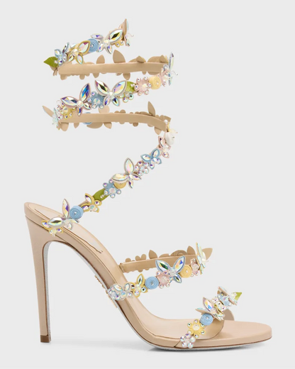 Rhinestone Floral-Embellished Stiletto Sandals