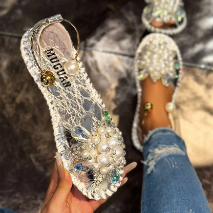Rhinestone and Pearl Single-Strap Sandals