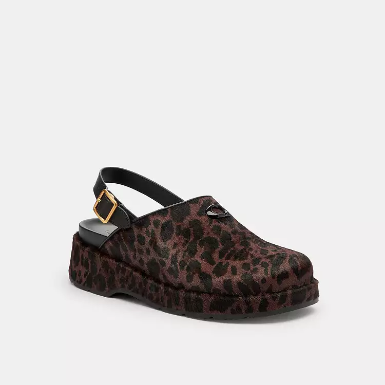 Leopard print carved thick-soled wooden clogs
