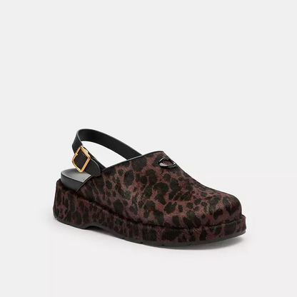 Leopard print carved thick-soled wooden clogs