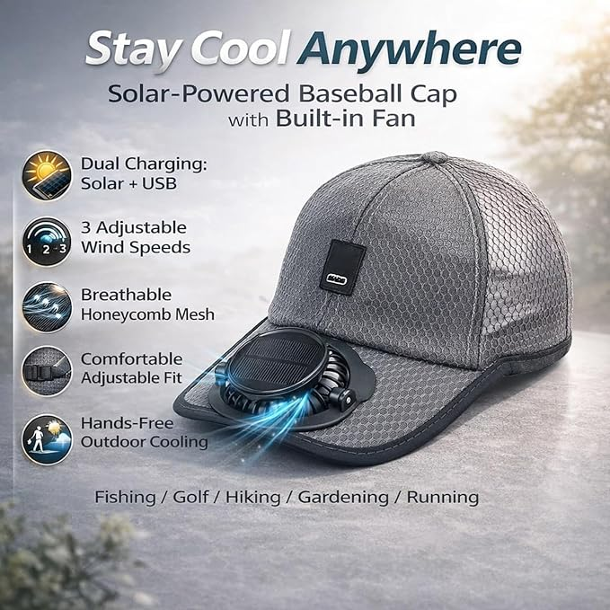 Sun hat with built-in fan, solar powered