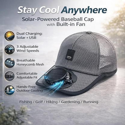 Sun hat with built-in fan, solar powered