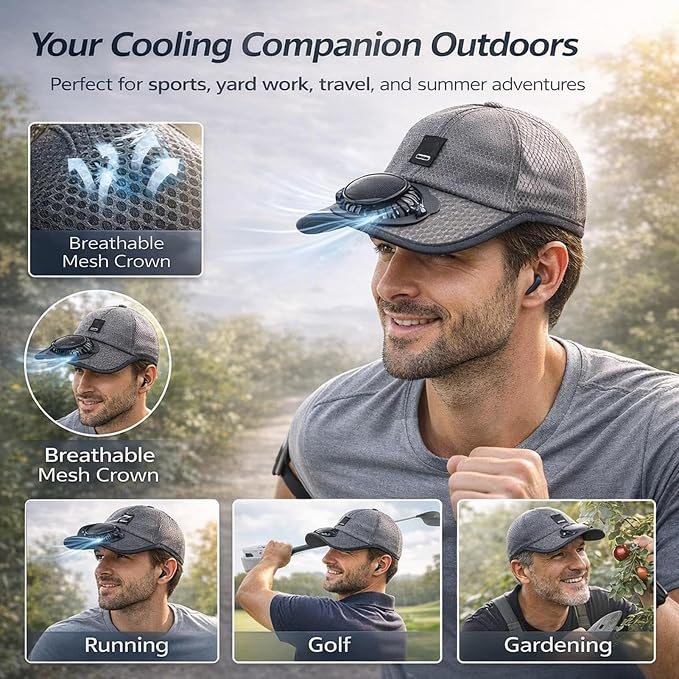 Sun hat with built-in fan, solar powered