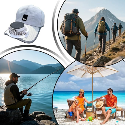 Sun hat with built-in fan, solar powered