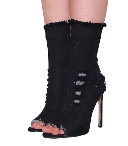 Distressed denim open-toe stiletto ankle boots