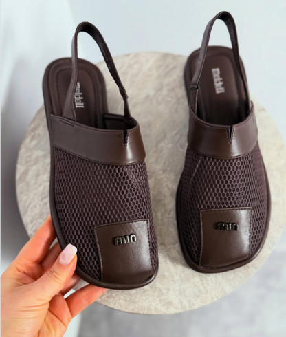 Patent leather mesh sandals