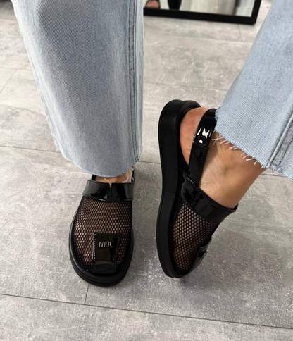 Patent leather mesh sandals