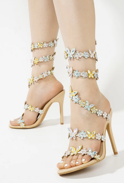 Rhinestone Floral-Embellished Stiletto Sandals