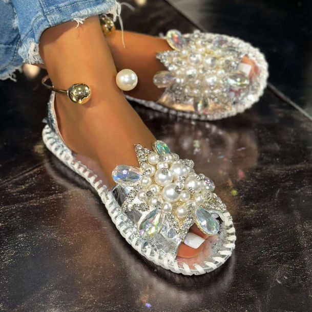 Rhinestone and Pearl Single-Strap Sandals