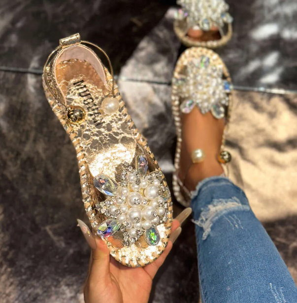 Rhinestone and Pearl Single-Strap Sandals