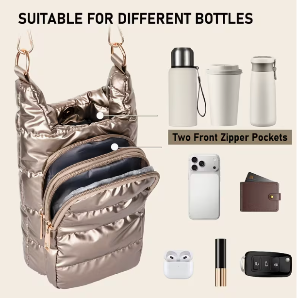 Women's shoulder bag, can hold a water bottle, lined, suitable for various outdoor activities.