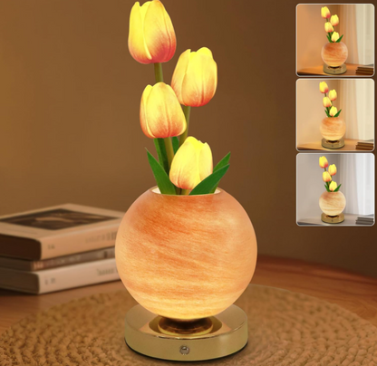 Rechargeable wireless touch-dimmable artificial tulip flower stand lamp