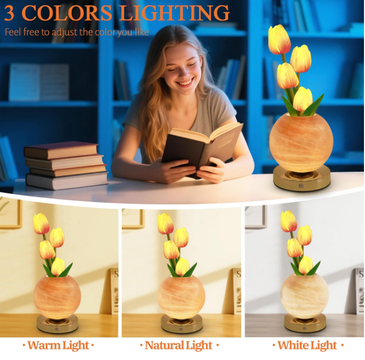 Rechargeable wireless touch-dimmable artificial tulip flower stand lamp