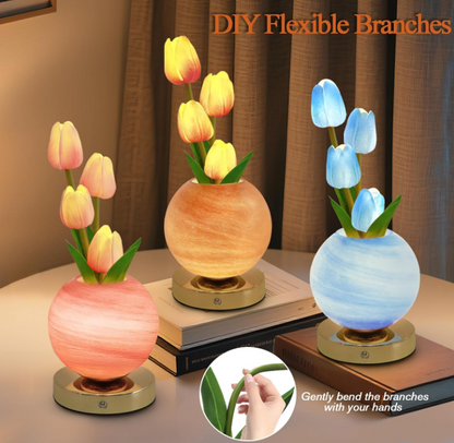 Rechargeable wireless touch-dimmable artificial tulip flower stand lamp