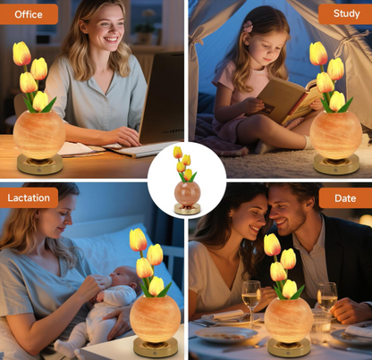 Rechargeable wireless touch-dimmable artificial tulip flower stand lamp