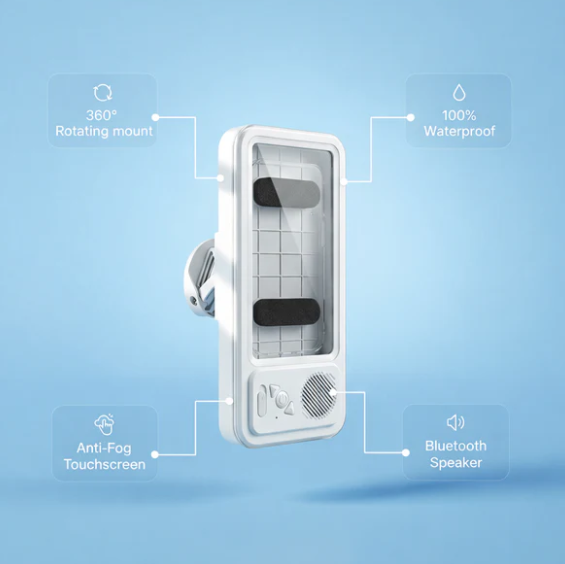 Waterproof touch screen phone holder with Bluetooth speaker for bathroom