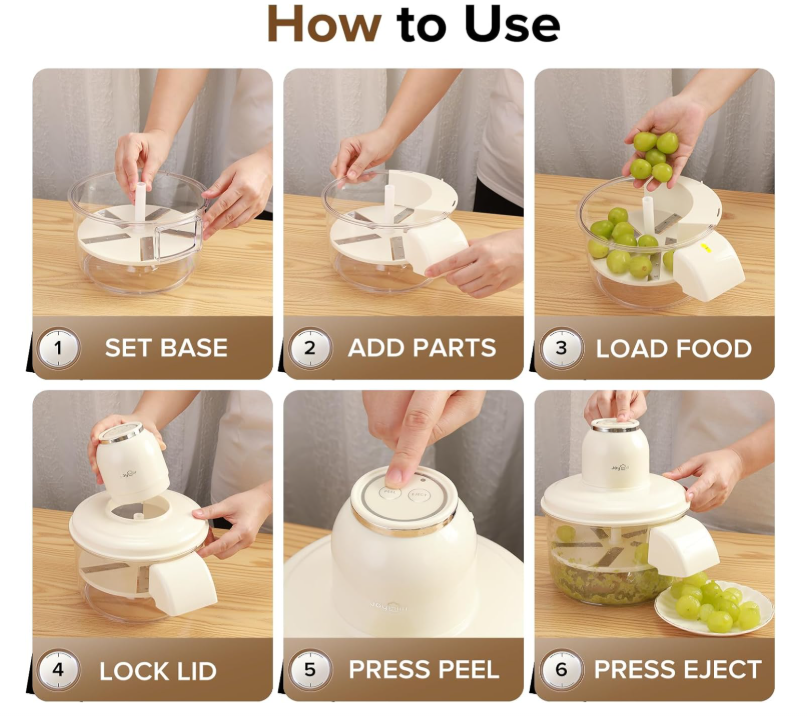 Automatic fruit peeler for grapes, tomatoes, cherries, and garlic.