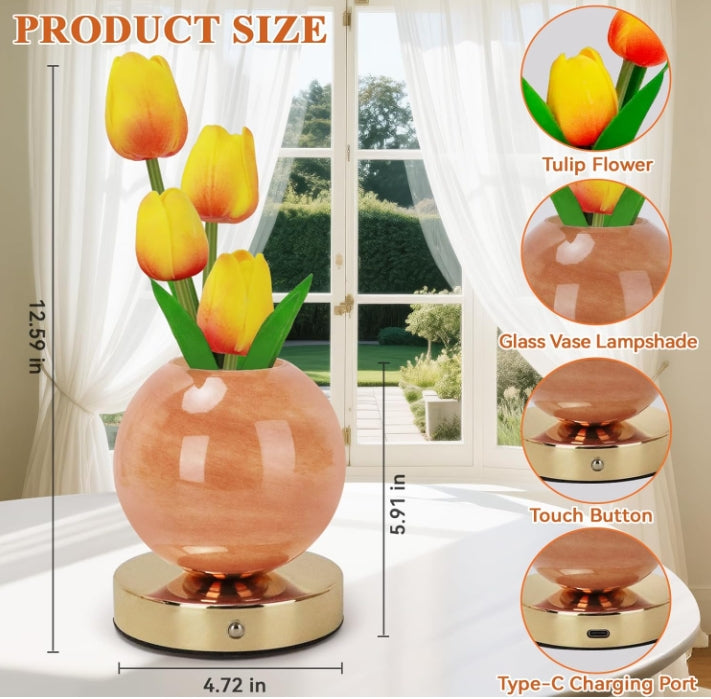 Rechargeable wireless touch-dimmable artificial tulip flower stand lamp