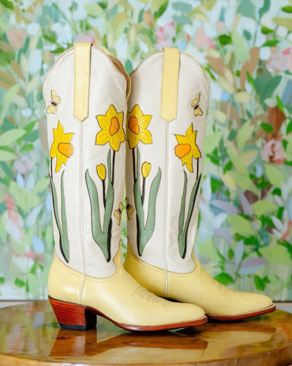 Toe Floral Inlay Knee High Tall Cowgirl Boots