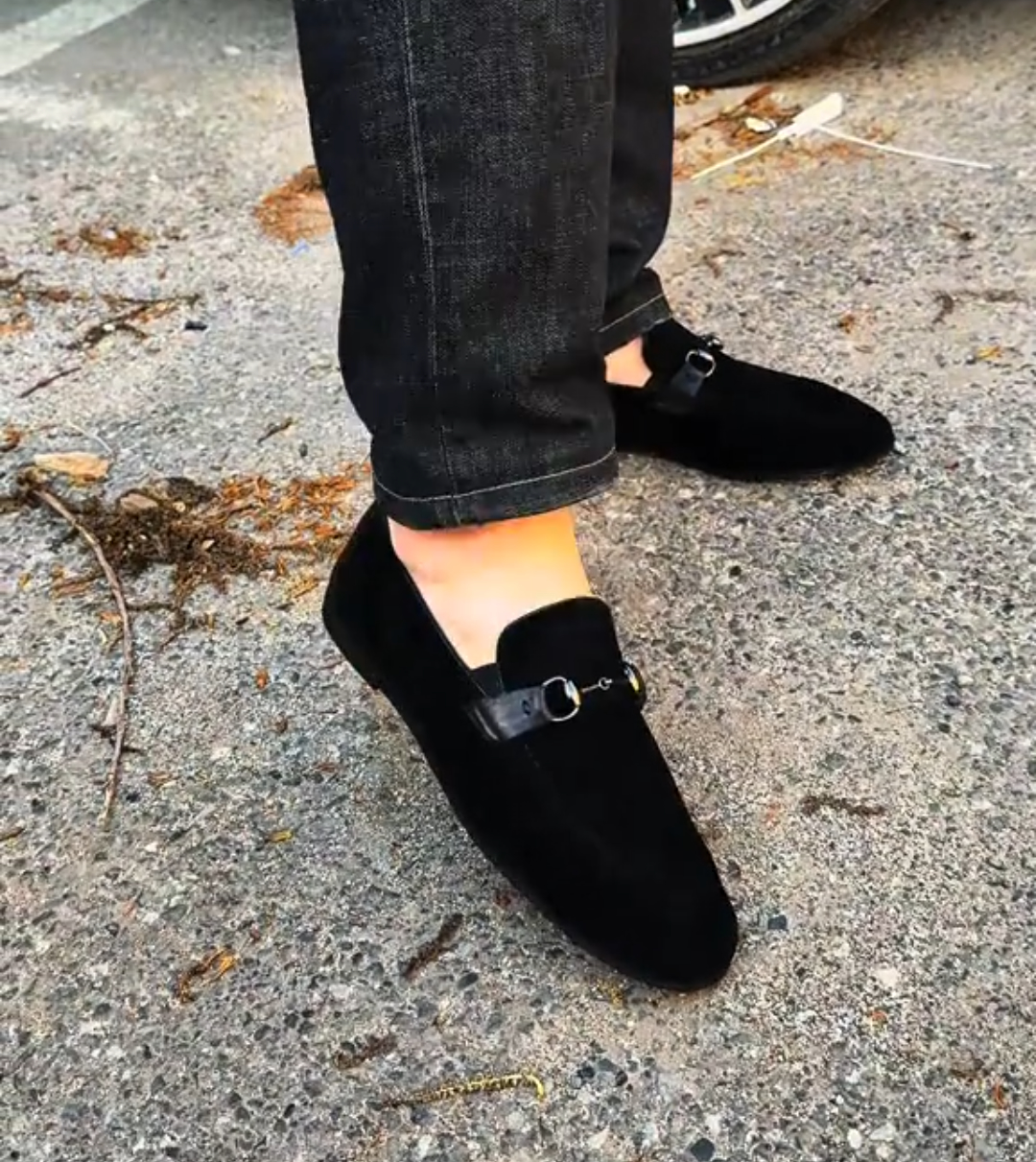 Black suede horsebit loafers