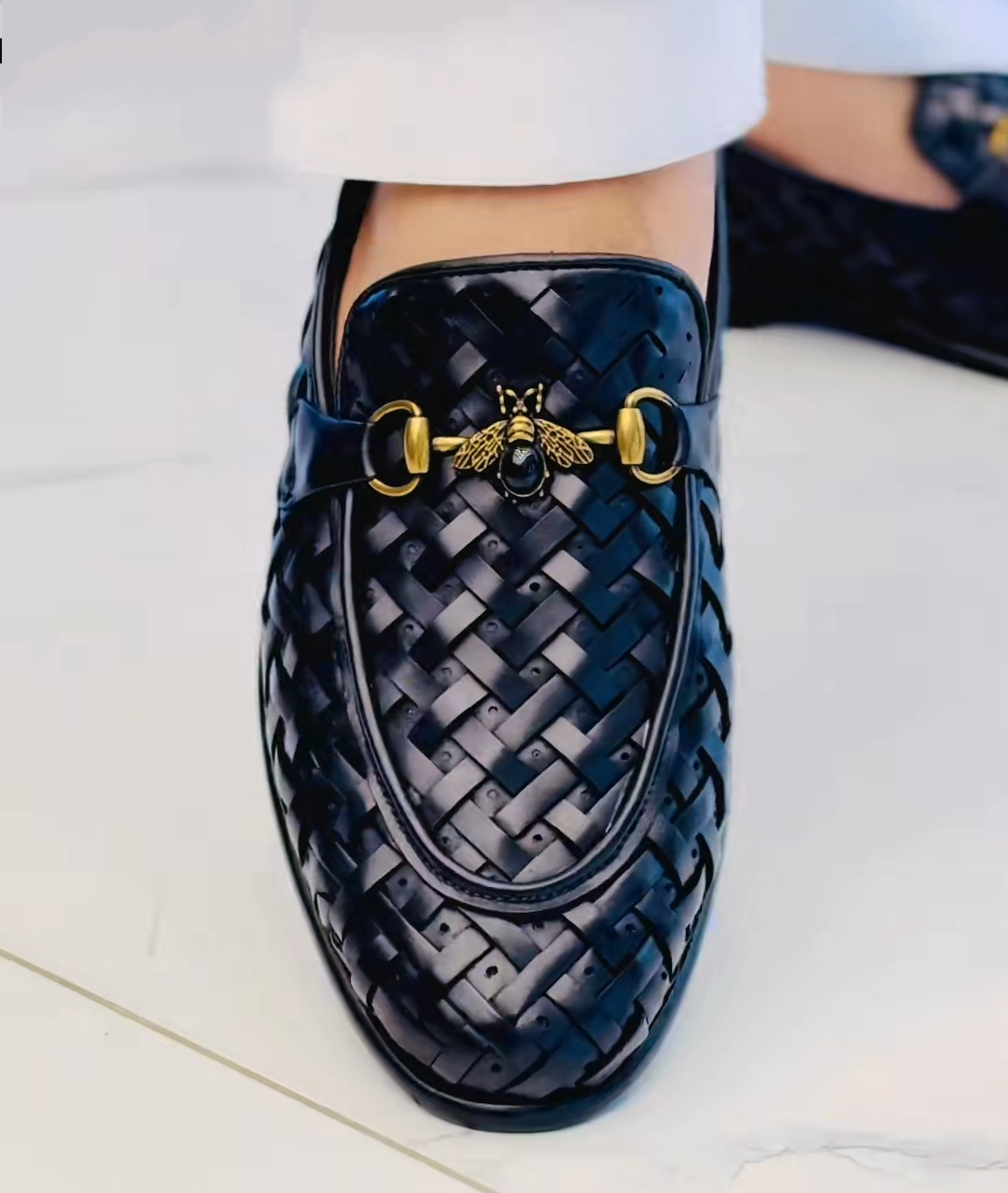 Handmade black woven leather loafers