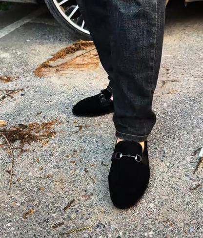 Black suede horsebit loafers