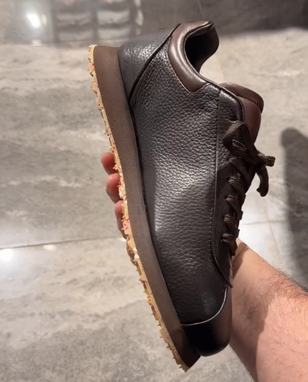 Chocolate-colored genuine leather sneakers