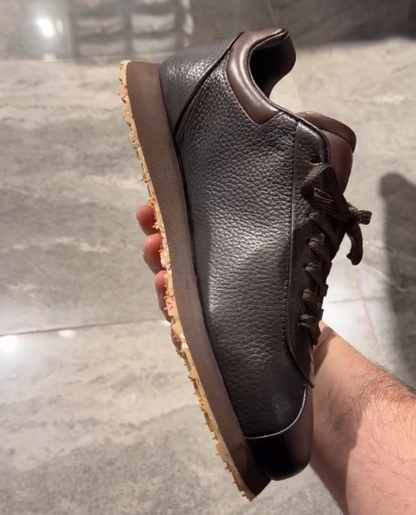 Chocolate-colored genuine leather sneakers