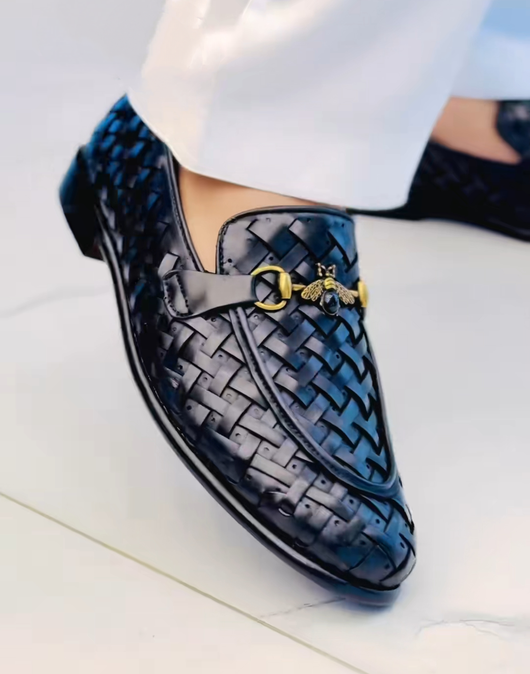 Handmade black woven leather loafers