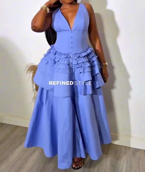 Blue Ruffled Tiered Midi Dress