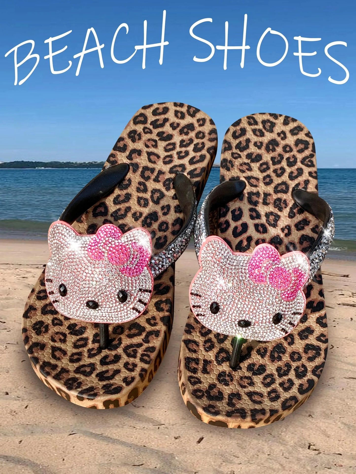 Leopard Print Flip-Flops - Summer Rhinestone-Studded Beach Sandals