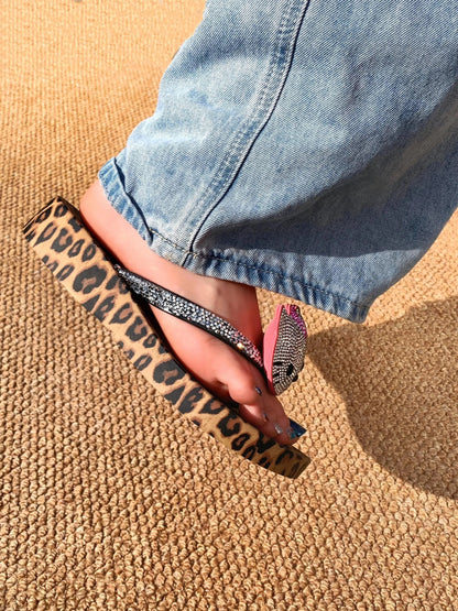 Leopard Print Flip-Flops - Summer Rhinestone-Studded Beach Sandals